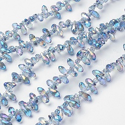 Chapelets de perles en verre électroplaqué, perles percées, plein arc-en-plaqué, facette, larme, bleu clair, 9x4mm, Trou: 1mm, 3x2mm, environ 15.7 pouce