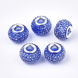 Perline europeo rhinestone di resina, perline con foro grande, con tono platino ottone doppie core, ab colore, rondelle, perline bacca, blu, 14x10mm, Foro: 5 mm