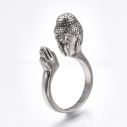 Сплав манжеты кольца пальцев, широкая полоса кольца, Будда, античное серебро, размер США 8 1/2 (18.5 мм)