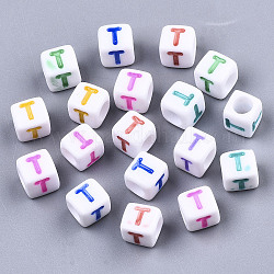 Perles acryliques blanches opaques, avec l'émail, trou horizontal, cube avec lettre de couleur mixte, letter.t, 6x6x6mm, Trou: 3mm, environ 2900 pcs/500 g