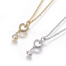 304 Stainless Steel Pendant Necklaces, with Brass Cubic Zirconia Pendants, Heart Key, Mixed Color, 17.32 inch~17.71 inch(44~45cm), Pendant: 17x8x3.5mm