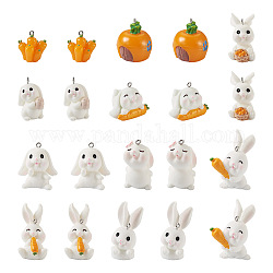 Beadthoven 20Pcs 10 Styles Opaque Resin Pendants, Carrot & Rabbit Charms, with Platinum Tone Iron Loops, Mixed Color, 24.5~42x19~31.5x21~31mm, Hole: 2mm, 2pcs/style