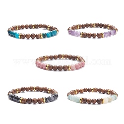 Bracelet extensible en perles rondes en bois de wengé naturel et pierres précieuses pour femme, diamètre intérieur: 2-1/4 pouce (5.6 cm)