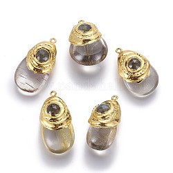 Pendentifs quartz rutiles en or naturel, avec des perles de labradorite et des accessoires en laiton, larme, 37~41x20~25x14~20mm, Trou: 1.8mm