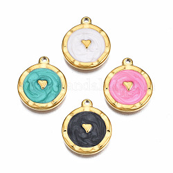 304 Stainless Steel Pendants, with Enamel, Flat Round with Heart, Golden, Mixed Color, 18x15x2.5mm, Hole: 1.4mm
