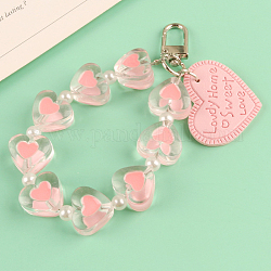 Porte-clés pendentifs en similicuir, avec des perles en résine et les accessoires en alliage, coeur avec le mot, rose brumeuse, coeur: 3x3.8cm