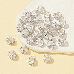 30pcs perles européennes strass en argile polymère, Perles avec un grand trou   , rondelle, avec noyaux en laiton plaqué couleur argent, cristal ab, 10~12x7~8mm, Trou: 5mm