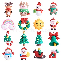 16 Uds. 16 colgantes grandes de plástico de pvc de Navidad de estilo, alce y muñeco de nieve con regalo y bastón de caramelo, color mezclado, 40~64.5x33~52.5x11.5~24mm, agujero: 2.5~3 mm, 1pc / estilo