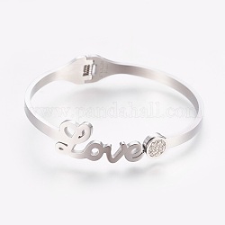 304 Stainless Steel Bangles, with Polymer Clay Rhinestone, with word Love, Stainless Steel Color, 1-7/8 inchx2-1/4 inch(4.95x5.6cm)