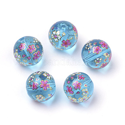 Gedruckt Glasperlen, Runde mit Blumenmuster, Verdeck blau, 11~12x11 mm, Bohrung: 1.5 mm