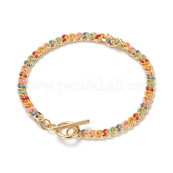 Brass Curb Chain Bracelets, with Enamel and 304 Stainless Steel Toggle Clasps, Real 18K Gold Plated, Colorful, 8-1/8 inch(20.5cm)