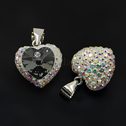 Autrichienne pendentifs en résine cristal, avec 925 bélière en argent sterling, cœur, 101 _crystal + ab & 280 _jet, 16x14x9mm, Trou: 3x5mm