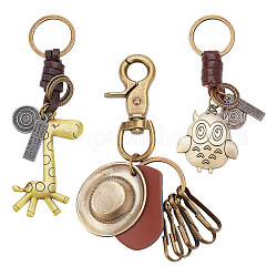 arricraft 3 Pcs 3 Styles Retro Cowhide Keychains, Alloy Pendant Keychain Braided Cowhide Owl/Giraffe/Cowboy Hat Keychain for Woman Man Car Key Bag Pendant Decoration, Antique Bronze