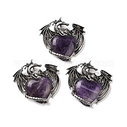Natural Amethyst Pendants, Heart Charms, with Rack Plating Antique Silver Tone Alloy Dragon Findings, 51~52.5x55x10.5~11mm, Hole: 7x4.5mm