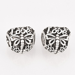 Alloy European Beads, Large Hole Beads, Hollow, Heart with Dragonfly, Antique Silver, 11.5x12x9mm, Hole: 5mm