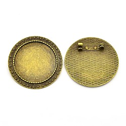 Flat Round Tibetan Style Brooch Cabochon Settings, with Iron Back Bar Pins, Cadmium Free & Nickel Free & Lead Free, Antique Bronze, Tray: 30mm, 39x7mm