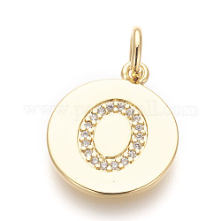 Brass Micro Pave Cubic Zirconia Pendants, Lead Free & Cadmium Free, Flat Round with Letter, Golden, Letter.O, 17.5x15x1.5mm, Hole: 3mm