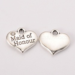 Wedding Theme Antique Silver Tone Tibetan Style Alloy Heart with Maide of Honour Rhinestone Charms, Cadmium Free & Lead Free, Crystal, 14x16x3mm, Hole: 2mm