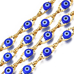 Ionenplattierung (IP) 304 strukturierte ovale Kabelketten aus Edelstahl, mit emaillierten Perlen für den bösen Blick, mit Spule, ungeschweißte, echtes 18k vergoldet, Nickelfrei, Blau, 11x5.5x3 mm, 7.5x3x1 mm, ca. 32.81 Fuß (10m)/Rolle