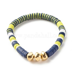 Handgefertigtes Polymer-Ton-Heishi-Perlen-Stretch-Armband, Surferarmband mit Nuggets ccb Plastikperlen für Frauen, grün gelb, Innendurchmesser: 2-1/8 Zoll (5.5 cm)