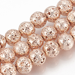 Electroplated Natural Lava Rock Beads Strands, Round, Bumpy, Rose Gold Plated, 9mm, Hole: 1mm, about 47pcs/strand, 15.7 inch