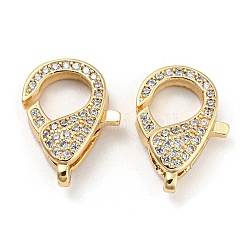 Brass Micro Pave Clear Cubic Zirconia Lobster Claw Clasps, Real 18K Gold Plated, 17x12x5mm, Hole: 1.2mm