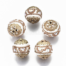 Manuell Indonesiene Perlen, mit Kristall ab Strass und goldfarbenen MessingZubehörn, Runde, weiß, 20~21x19~21 mm, Bohrung: 1.6 mm