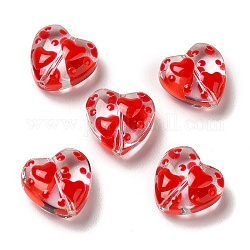 Perle di vetro trasparente, con motivo a onde smaltate, cuore, rosso, 12x12x6.5mm, Foro: 1 mm
