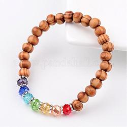 Legno bambini Tonda braccialetti braccialetto di stirata, con perle di vetro e risultati in lega, colorato, 44mm