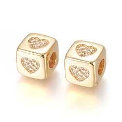 Perles européennes en laiton avec zircone cubique de micro pave, Perles avec un grand trou   , Plaqué longue durée, cube avec motif de coeur, clair, or, 9x9x9.5mm, Trou: 4.5mm