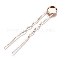 Iron Hair Fork Findings, with Flat Round Brass Cabochon Settings, Long-Lasting Plated, Light Gold, Tray: 10mm, 78x12x3mm