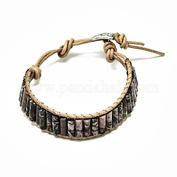 Bracelets en cuir de vachette, avec colonne de perles de rhodonite naturelle et accessoires en alliage, 9~11 pouce (23~28 cm)