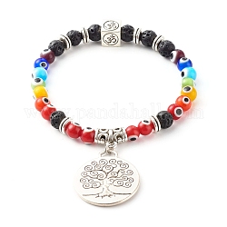 Bracelets à breloques extensibles au chalumeau faits à la main, avec des perles de lave naturelles et une breloque en alliage de style tibétain, plat et circulaire avec arbre de vie, colorées, diamètre intérieur: 2-1/4 pouce (5.6 cm)
