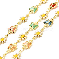 Handmade Brass Enamel Flower & Butterfly Link Chains, with Glass, Long-Lasting Plated, Soldered, with Spool, Colorful, 11x7x2mm, 12.5x7.5x2mm