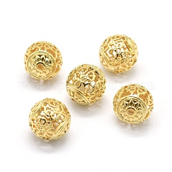 Hollow Brass Beads, Round, Real 18K Gold Plated, 13.5mm, Hole: 1.8mm