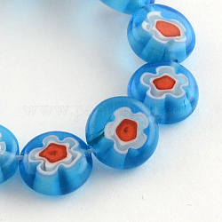 Handmade Millefiori Glass Beads Strands, Flat Round, Dodger Blue, 10x3.5mm, Hole: 1mm, about 39pcs/strand, 14.5inch