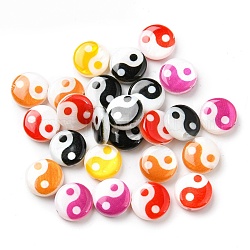 Perles de coquillage d'eau douce naturelles imprimées, perles rondes plates yin yang, couleur mixte, 8x2.5~3mm, Trou: 0.8mm