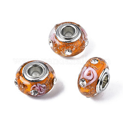 Perles européennes vernissées manuelles, avec feuille d'or et strass, perles de rondelle avec grand trou , en laiton de tonalité de platine noyaux doubles, rondelle, orange, 14.5x9mm, Trou: 4.5mm