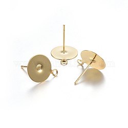 304 Stainless Steel Stud Earring Findings, with Loop, Flat Round, Real 18K Gold Plated, 12x10x0.4mm, Hole: 1.5mm, Pin: 0.8mm