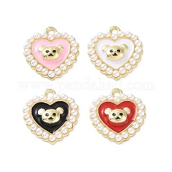 Alloy Enamel Pendants, with ABS Plastic Imitation Pearl, Cadmium Free & Lead Free, Light Gold, Heart with Bear, Mixed Color, 17x16x4mm, Hole: 1.6mm