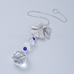 Boule de cristal lustre prisme ornements suspendus suncatcher, avec des chaînes de câble de fer, Perles en verre, pendentifs en verre strass et laiton, ange, bleu, 335mm