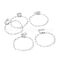 Charm Bracelets, with Brass Chain Extender, 304 Stainless Steel Charms, Paperclip Chains and Lobster Claw Clasps, Mixed Shapes, Stainless Steel Color, 7-1/4 inch(18.3cm)