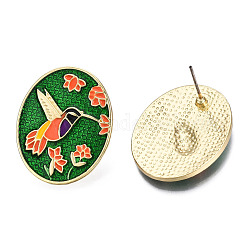 Orecchini a bottone con colibrì e fiore in smalto, gioielli in lega per le donne, colorato, 27.5x22.5mm, ago :0.7mm