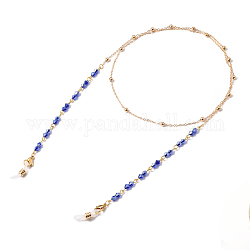 Eyeglasses Chains, Neck Strap for Eyeglasses, with Brass Cable Chains, Bicone Glass Beads, 304 Stainless Steel Lobster Claw Clasps and Rubber Loop Ends, Golden, Blue, 31.89 inch(81cm)