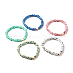 Bracelet extensible fait main en perles heishi en argile polymère, bracelet perles de laiton coeur pour femme, or, couleur mixte, diamètre intérieur: 2-1/8 pouce (5.3 cm)