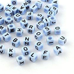 Letter Style Opaque Acrylic Beads, Horizontal Hole, Cube, Light Sky Blue, 6x6x6mm, Hole: 3.5mm, about 2700pcs/500g