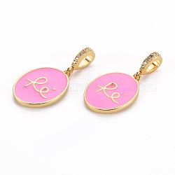 Brass Micro Pave Clear Cubic Zirconia Pendants, with Enamel, Oval, Nickel Free, Pearl Pink, Real 18K Gold Plated, 26x13x5.5mm, Hole: 3mm