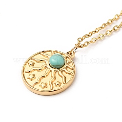 Synthetic Turquoise Pendant Necklace, Gold Plated 304 Stainless Steel Jewelry for Men Women, Sun Pattern, Pendant: 17x15x4mm, 17.64 inch(44.8cm)