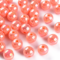 Perles acryliques opaques, de couleur plaquée ab , ronde, saumon noir, 10x9mm, Trou: 2mm, environ 940 pcs/500 g