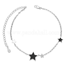 SHEGRACE 925 Sterling Silver Link Anklets, with Grade AAA Cubic Zirconia and Epoxy Resin, Star, Black, 8-1/4 inch(21cm)